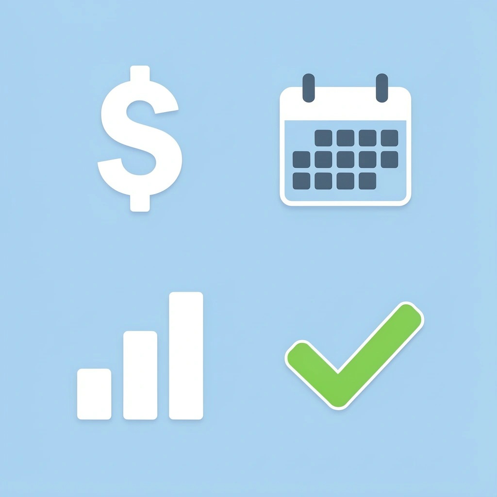 Four-box grid showing evaluation criteria: transparent pricing, flexible minimums, quality samples, and clear timelines