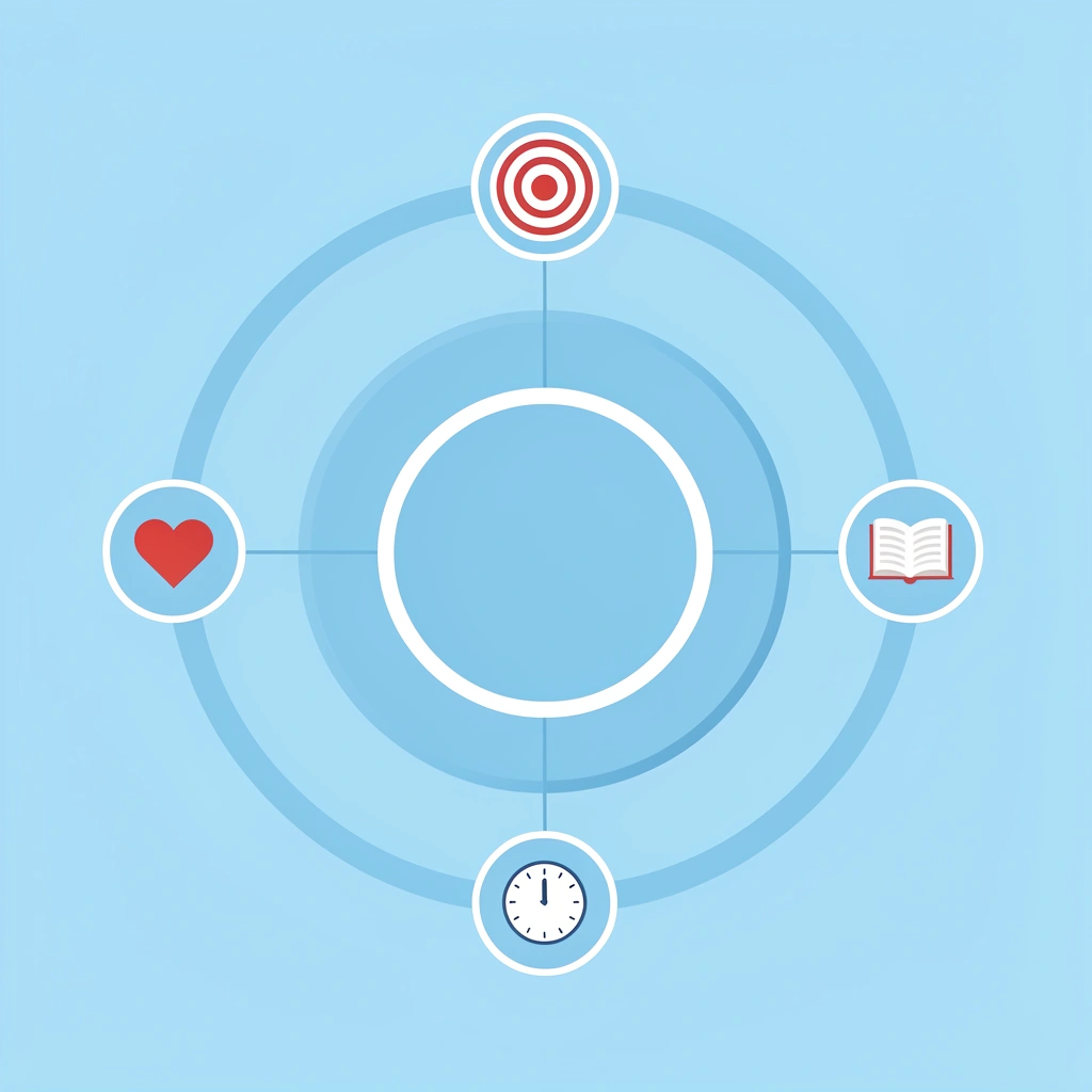Central target audience icon connected to four surrounding elements: values, lifestyle, visual preferences, and habits