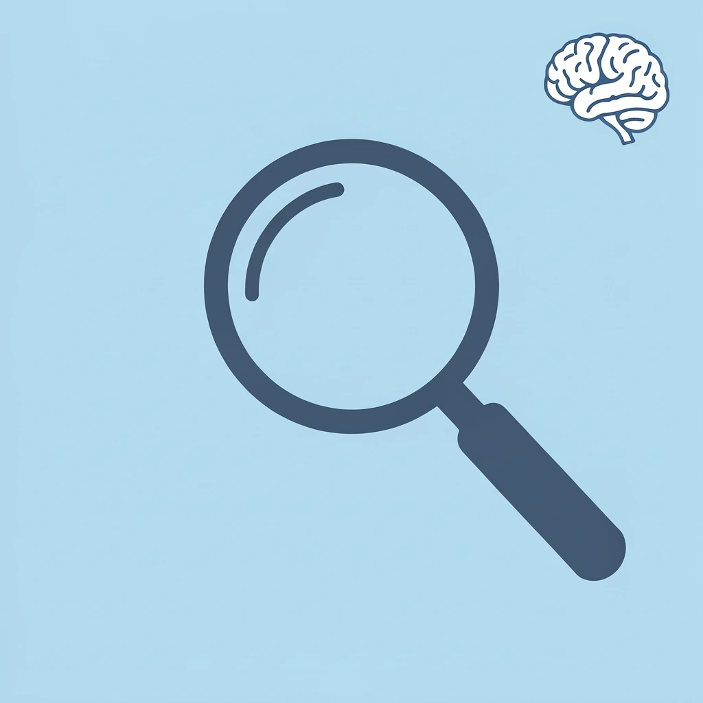 Magnifying glass icon highlighting the research phase as critical analysis