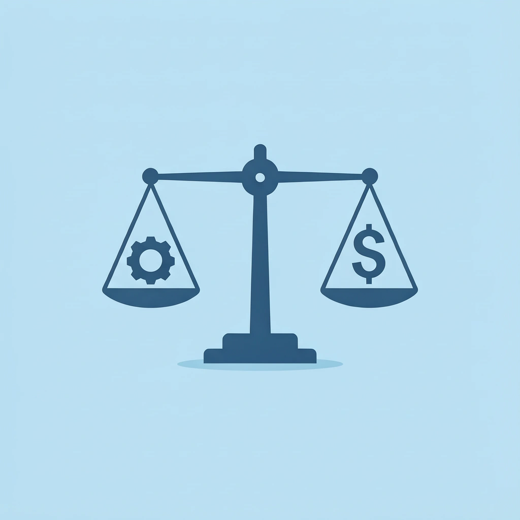 Balance scale with fabric options on one side and dollar sign on the other, showing equal weight
