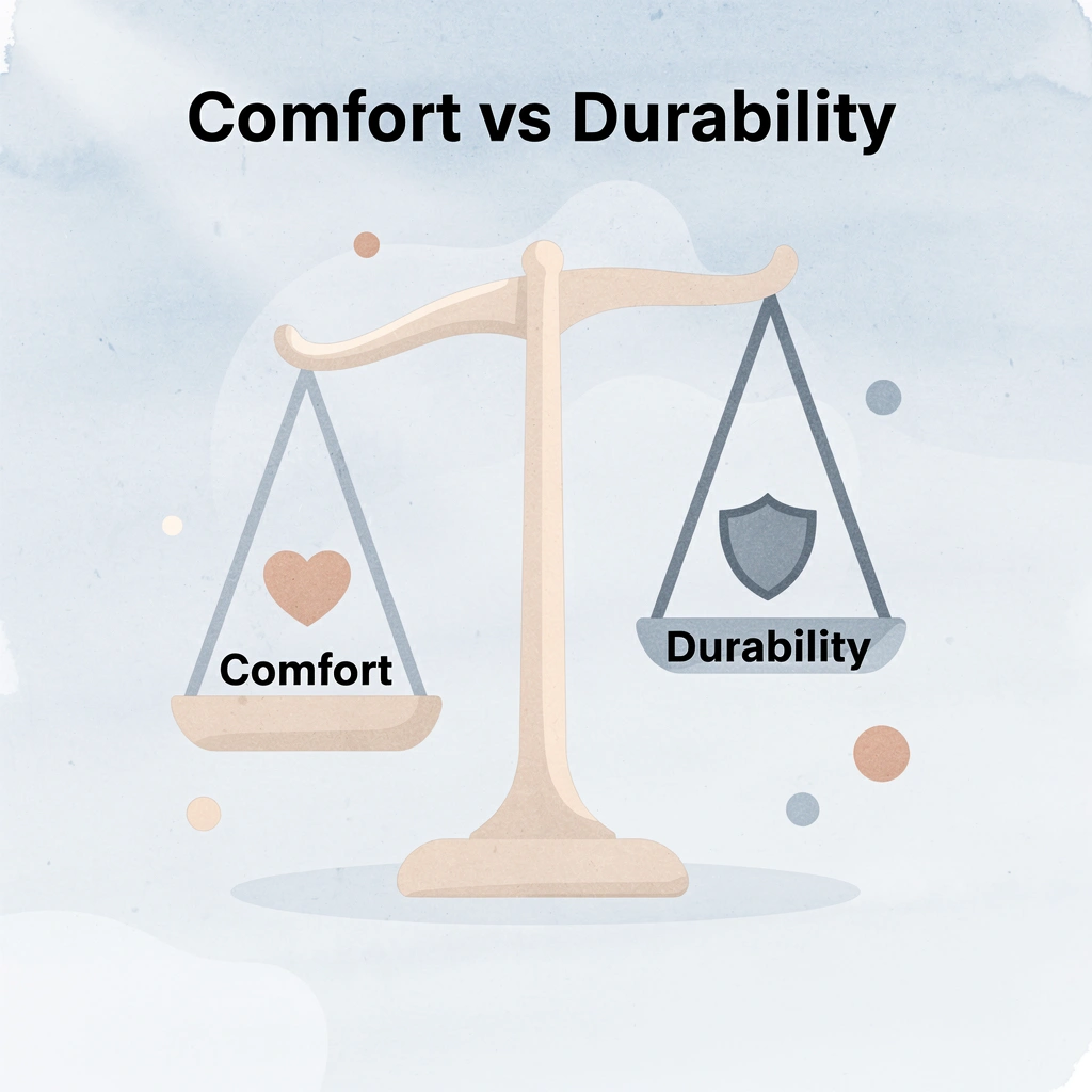 Balance scale comparing comfort versus durability in fabric choice