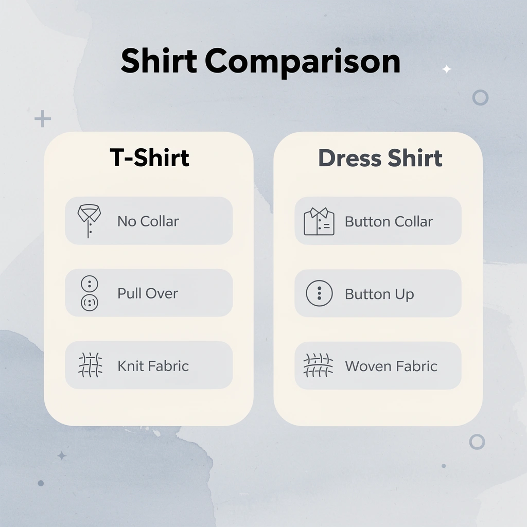 Comparison chart showing t-shirt vs dress shirt features