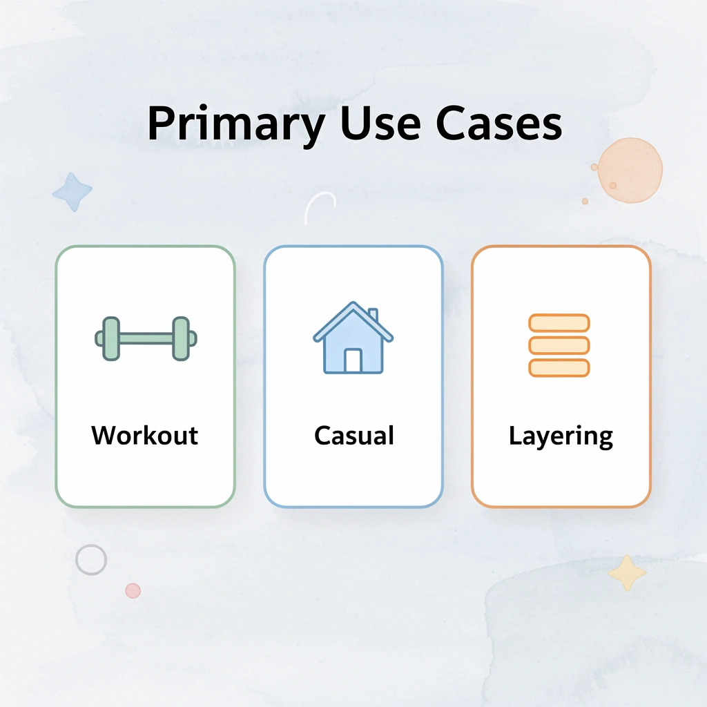 Three cards showing workout, casual, and layering t-shirt use cases