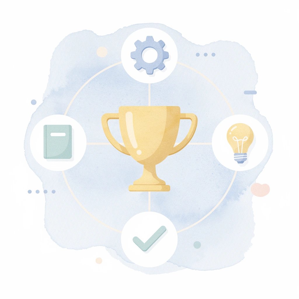 Trophy icon surrounded by hobby and interest icons representing personalized design themes