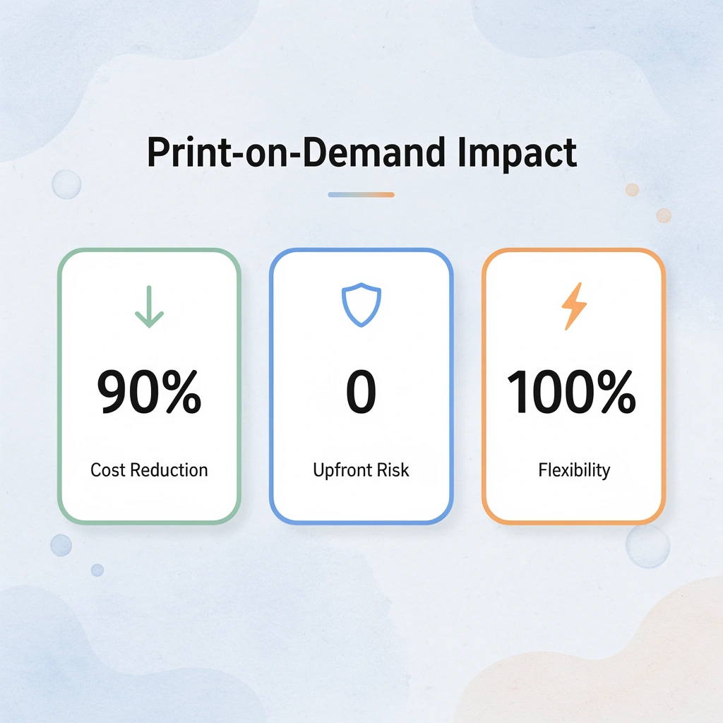 Statistics showing print-on-demand benefits: 90% cost reduction, zero upfront risk, 100% flexibility
