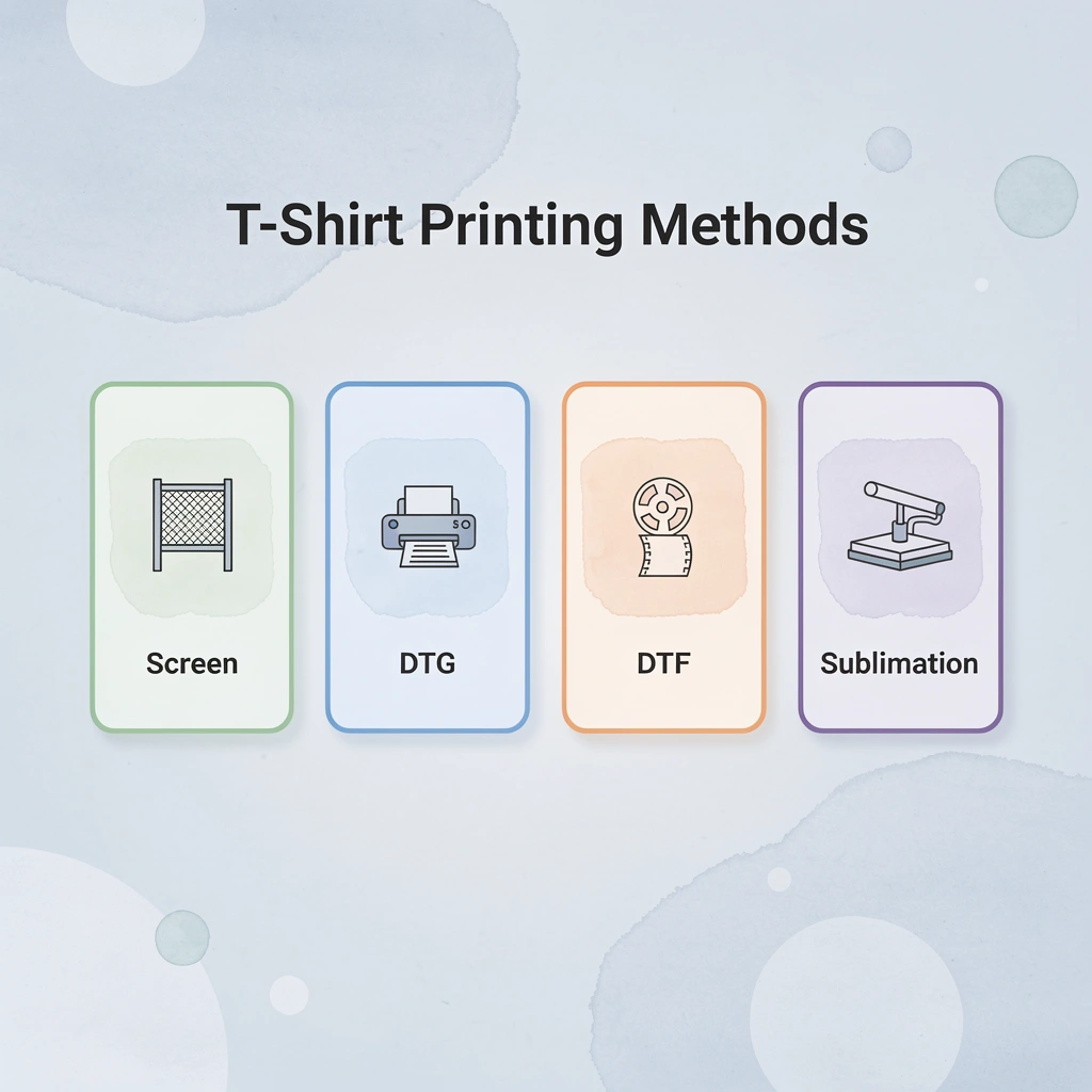 Infographic showing four main t-shirt printing methods