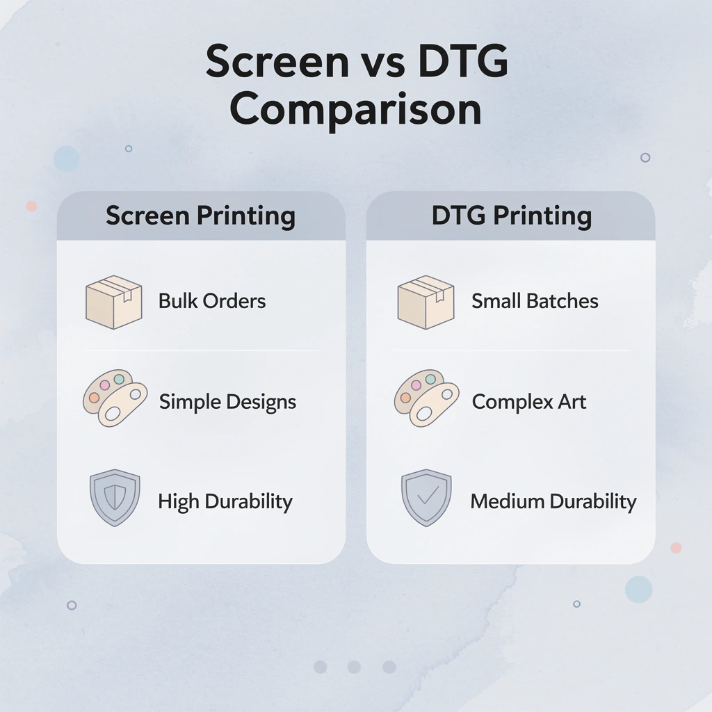 Comparison chart between screen printing and DTG printing methods