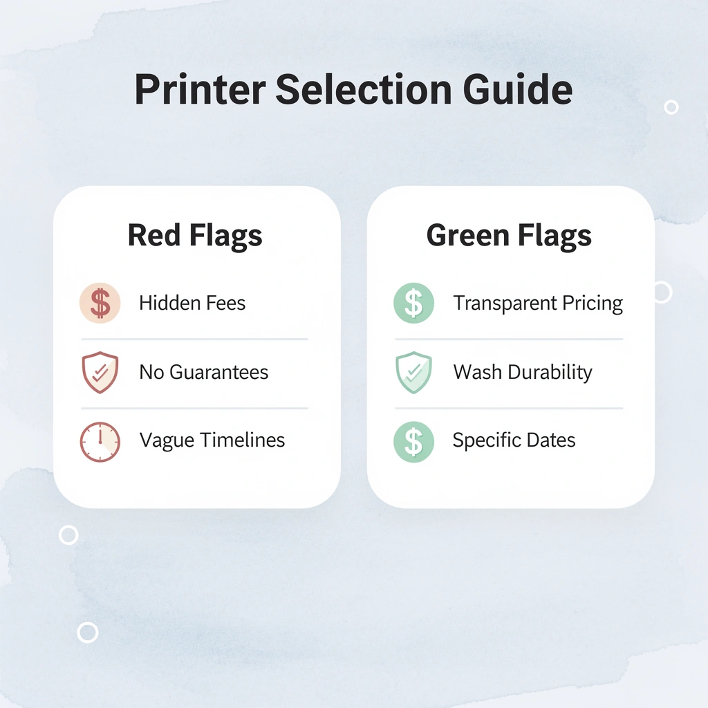 Comparison table of red flags vs green flags when selecting a printer
