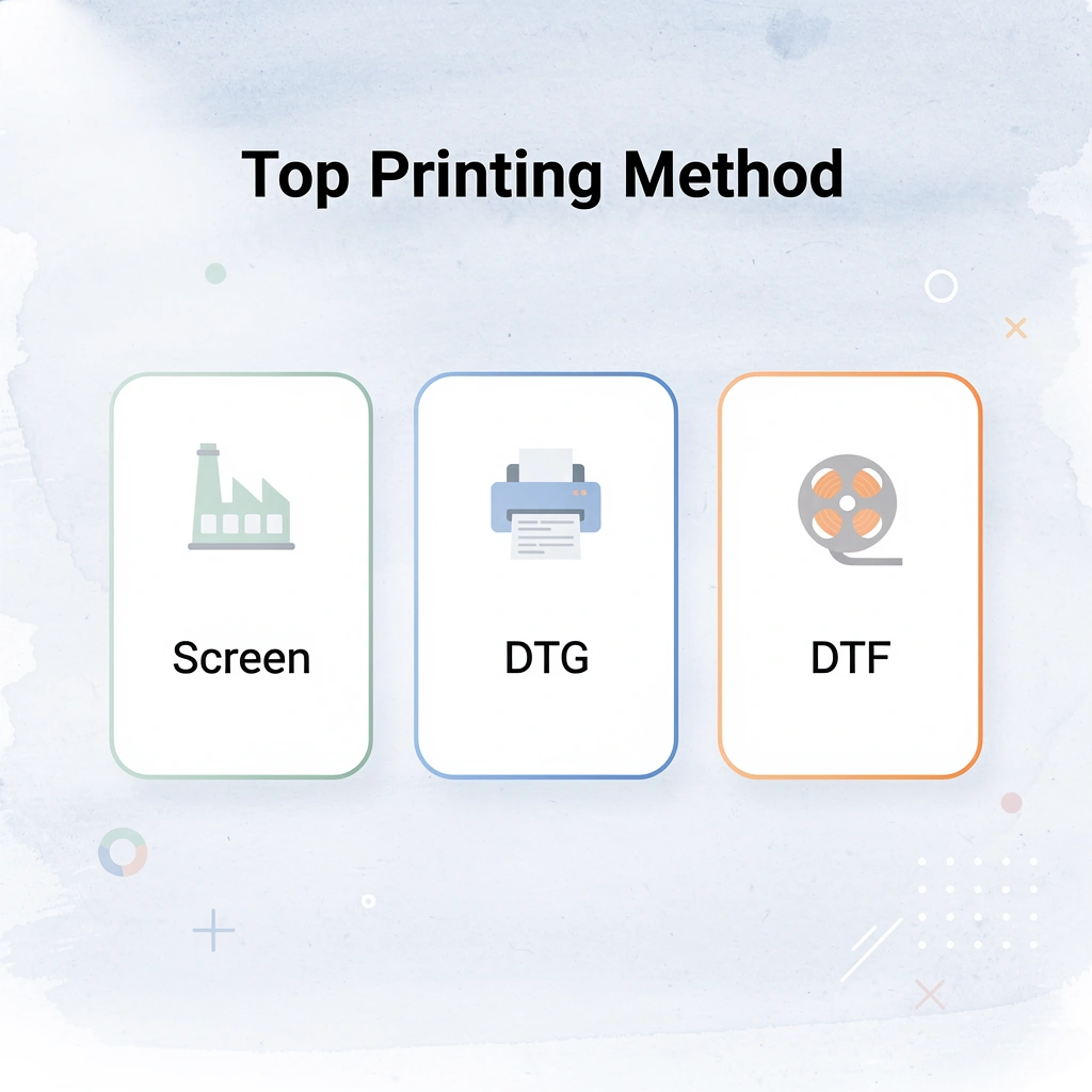 Three cards showing the top printing methods for custom apparel