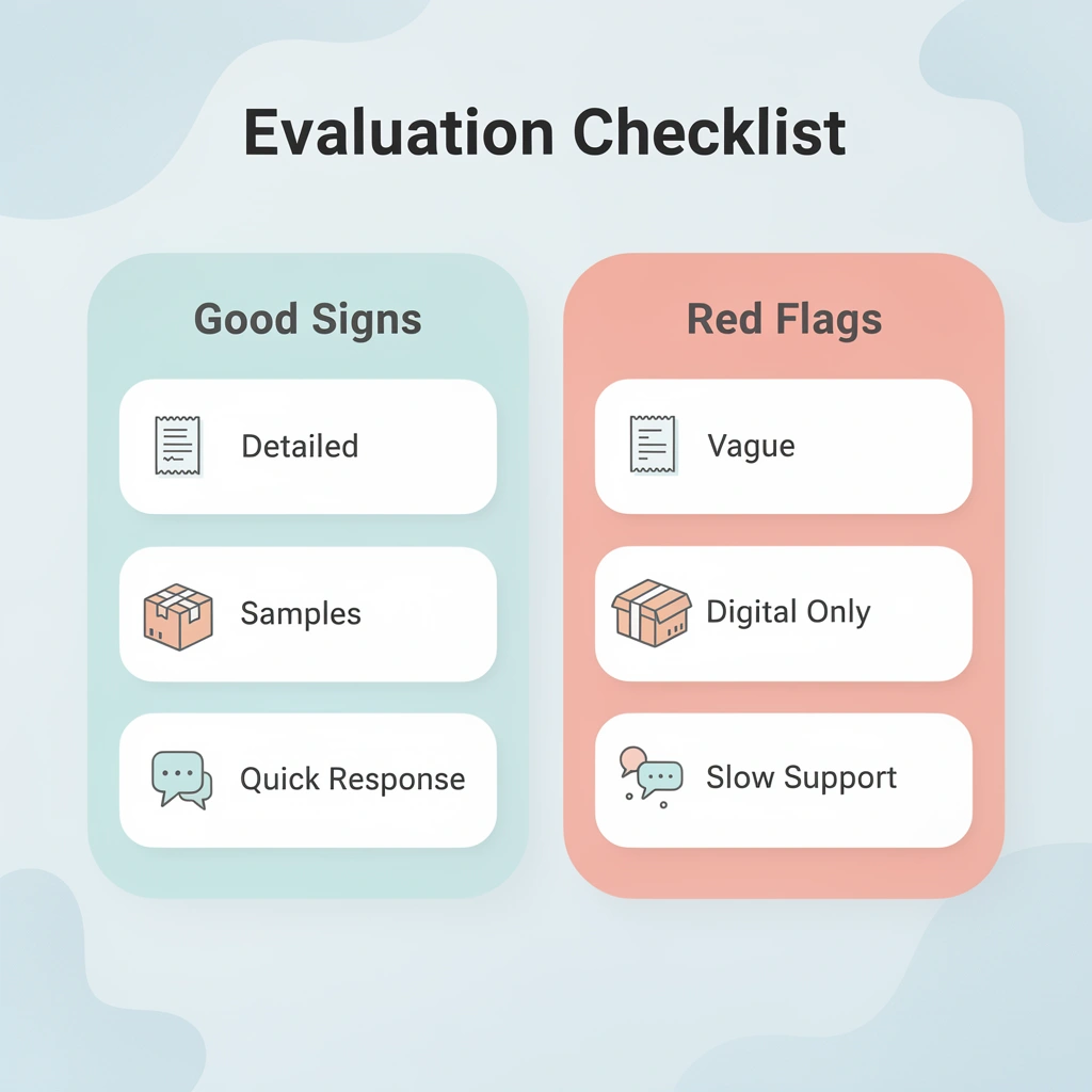 Comparison chart showing good signs versus red flags when evaluating printing companies
