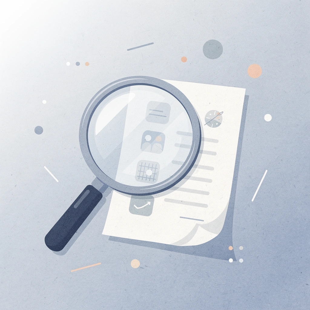 Magnifying glass examining printed materials for quality control