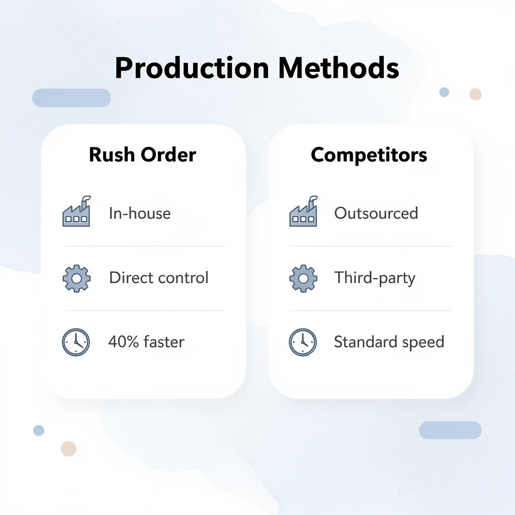 Comparison infographic showing Rush Order Tees vs competitors' production methods