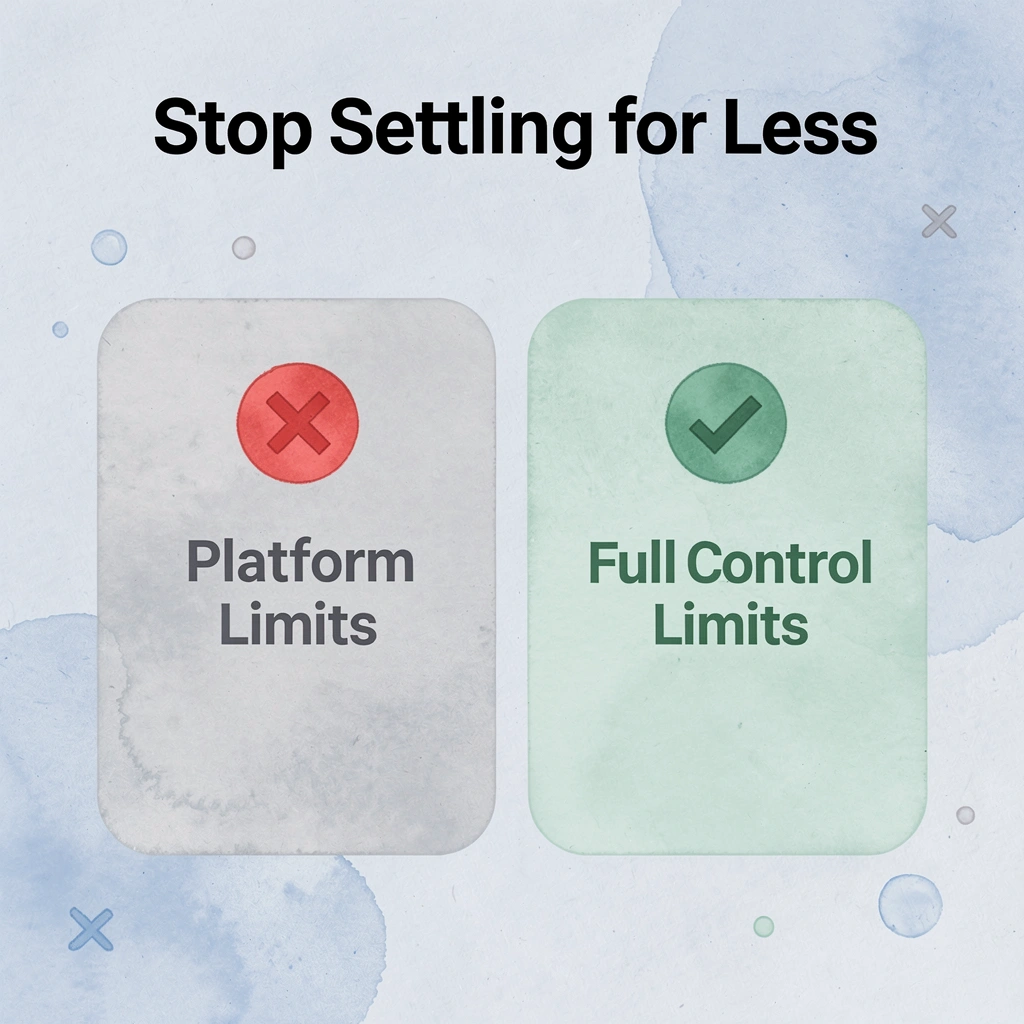 Before and after infographic showing platform limitations versus full control with custom shirts
