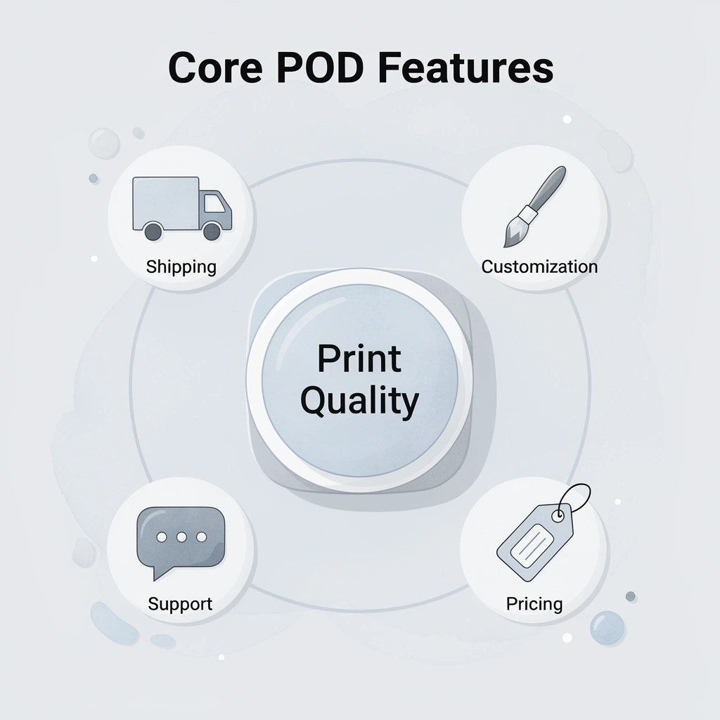 Hub and spoke infographic showing core print on demand platform features