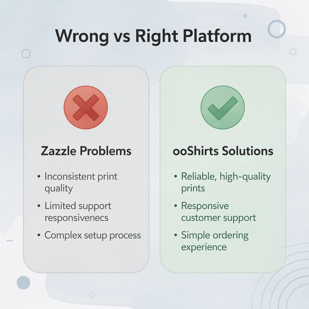 Before and after infographic comparing Zazzle problems to ooShirts solutions