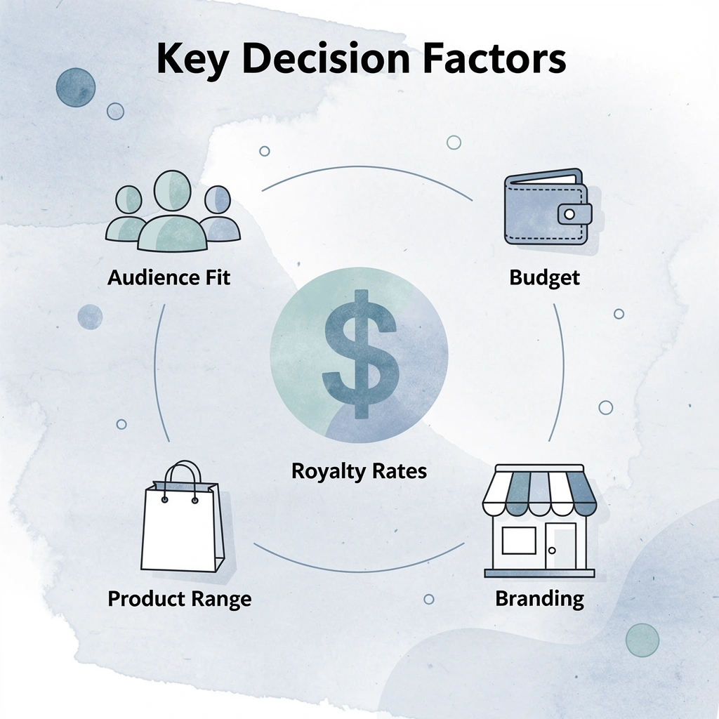 Hub and spoke infographic showing five key decision factors for choosing a platform