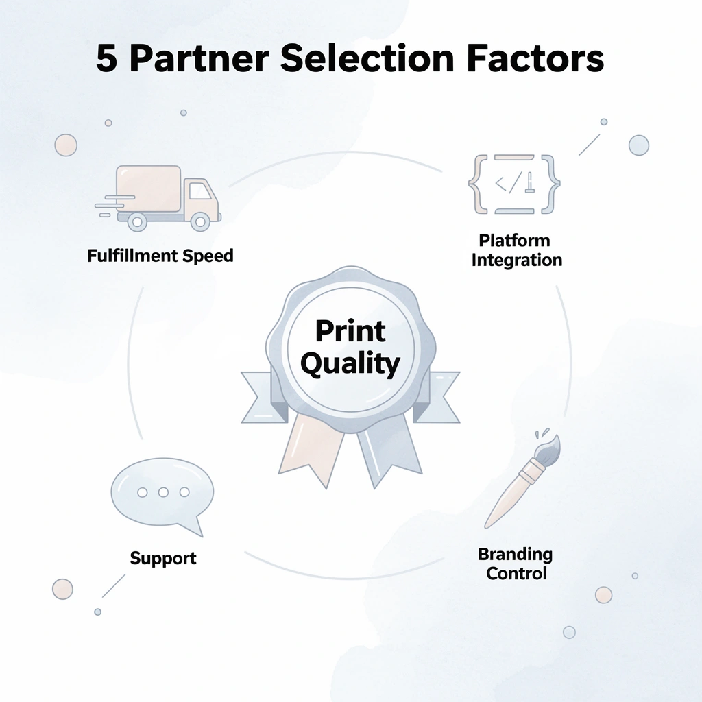 Hub and spoke infographic showing 5 critical factors for choosing a print-on-demand partner
