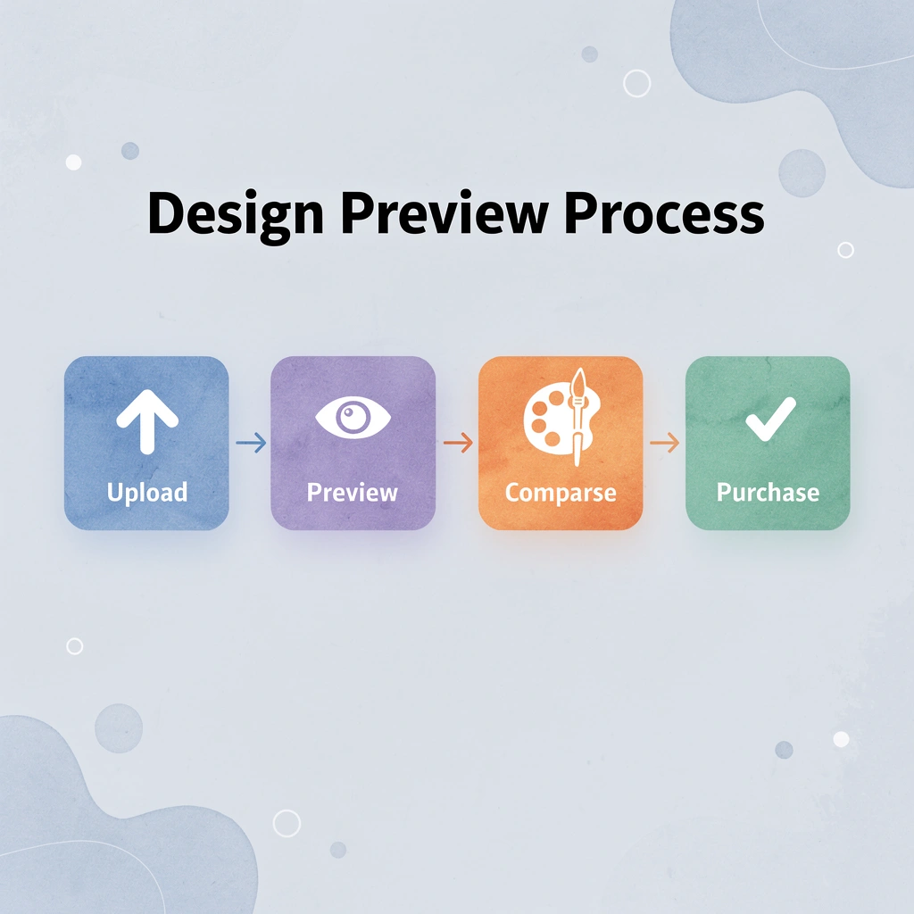 Four-step process showing upload design, preview colors, compare options, and purchase workflow