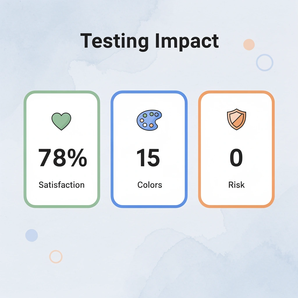 Statistics showing 78% satisfaction increase, 15 color options, and zero risk