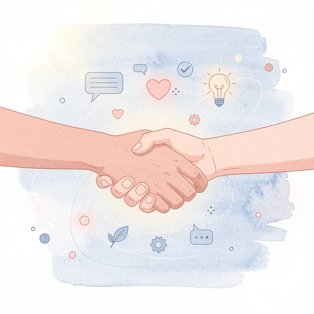 Business handshake representing partnership with corporate apparel company