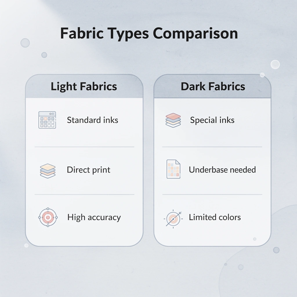 Comparison chart of light versus dark fabric printing requirements