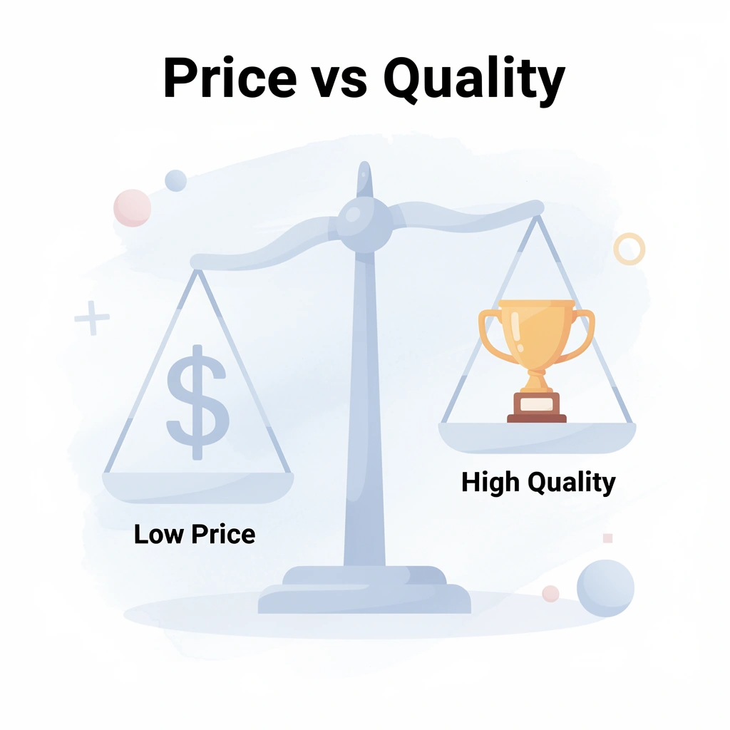 Balance scale comparing price versus quality in branding decisions