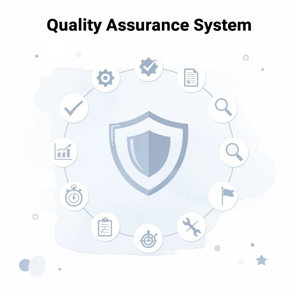 Quality assurance system with shield icon and surrounding quality features