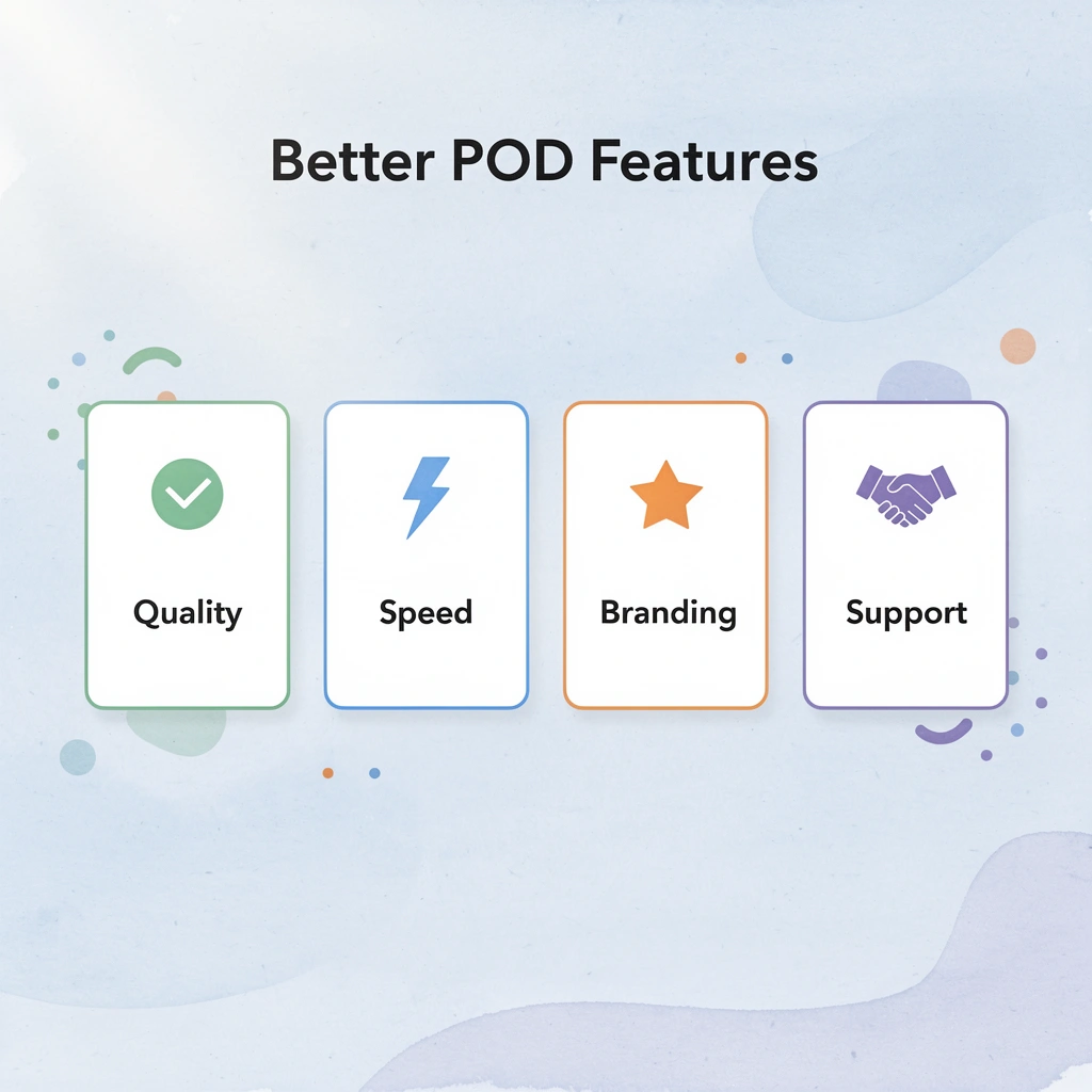 Four key features to look for in Printify alternatives: quality control, fast fulfillment, branding capabilities, and support