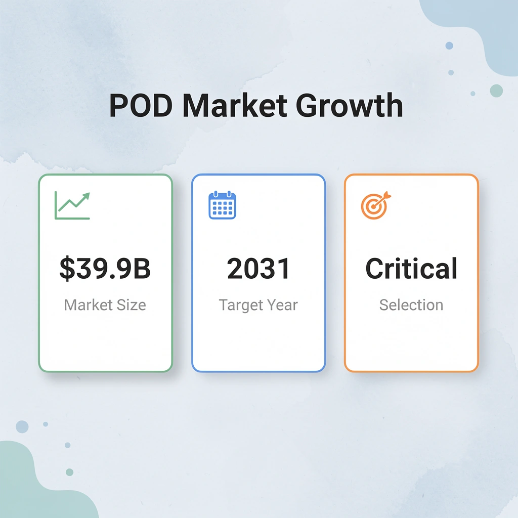Statistics showing print-on-demand market growth to $39.9 billion by 2031