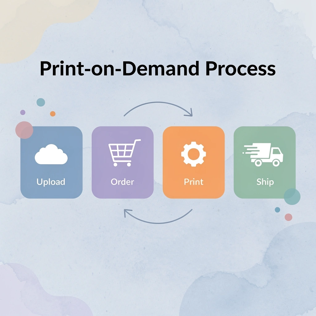 Infographic showing the 4-step print-on-demand process