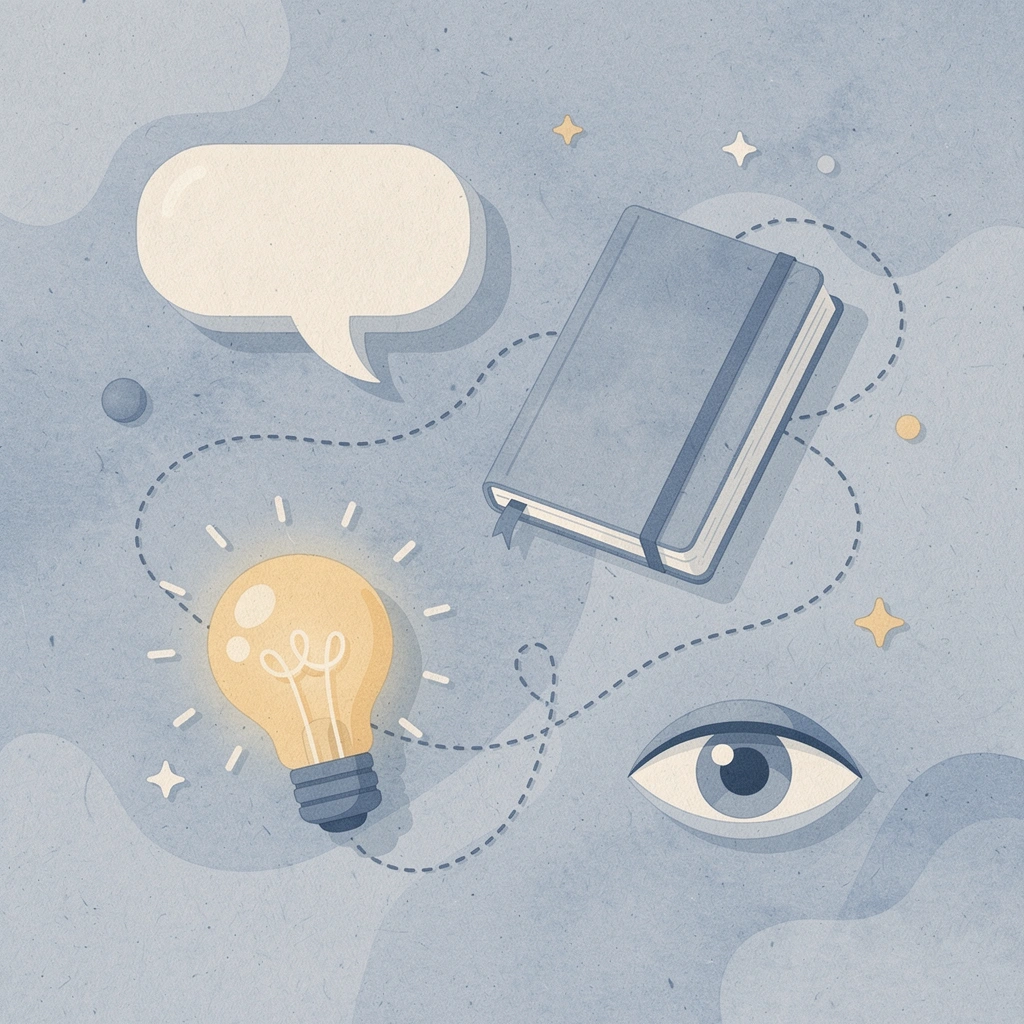 Scene illustration of branded swag items scattered around a central company theme