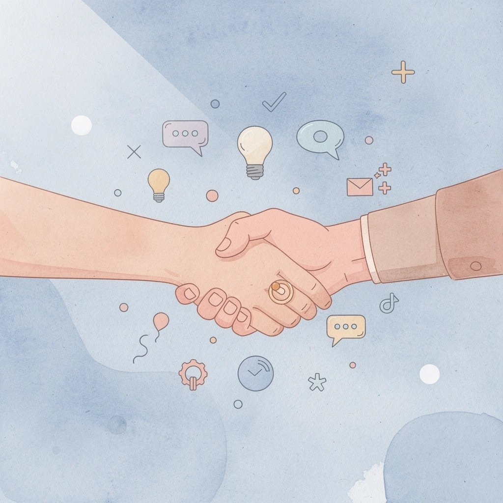 Scene illustration of a handshake with floating branded items representing recruiting touchpoints