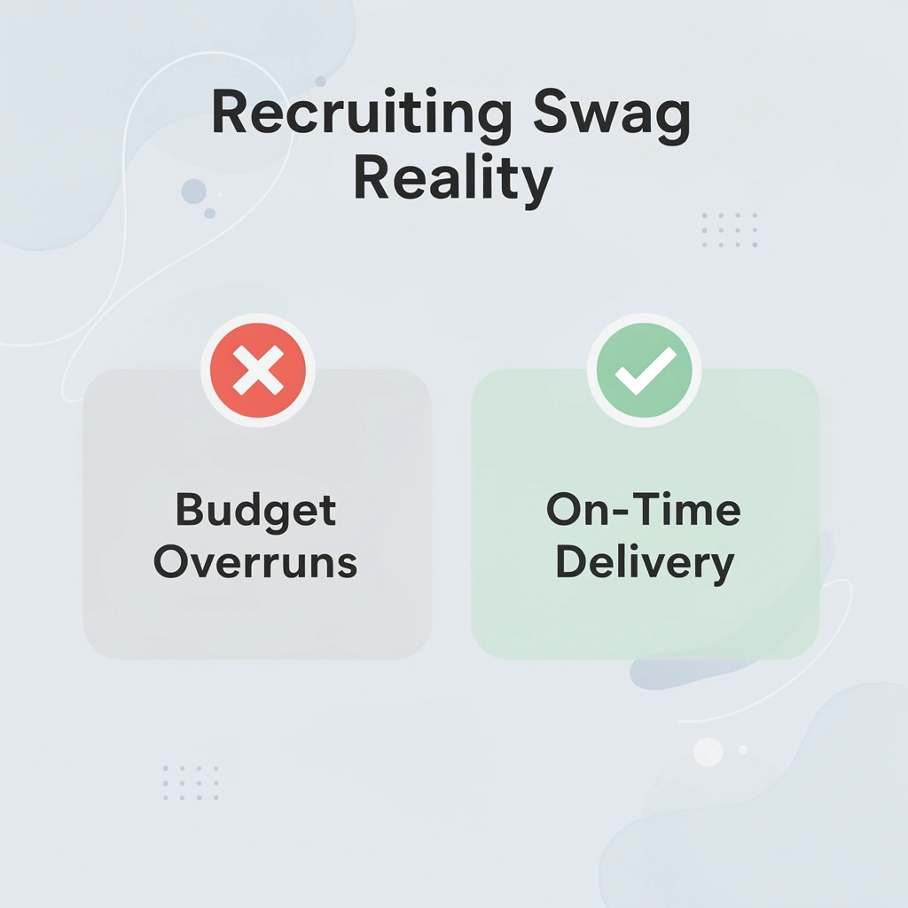 Before and after infographic showing recruiting swag challenges versus solutions