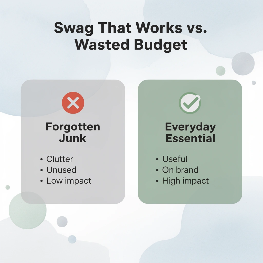 Before and after infographic comparing forgettable swag versus swag candidates keep and use