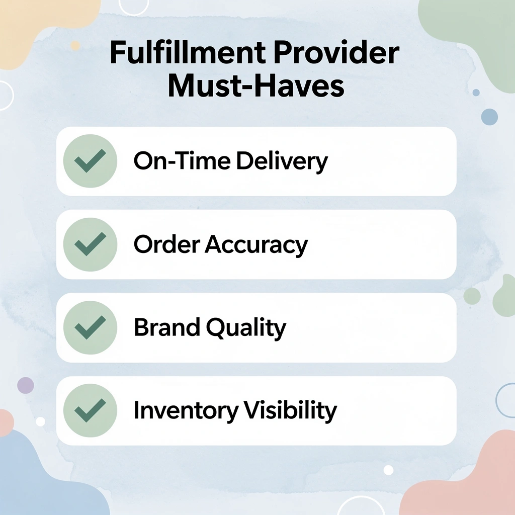 Checklist infographic showing five must-have qualities in a branded merchandise fulfillment provider
