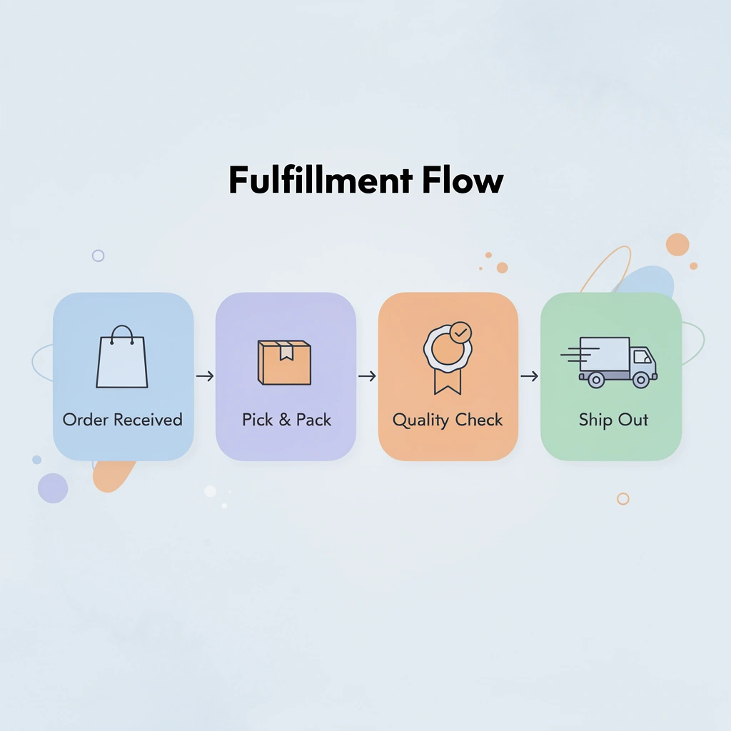 Process flow infographic showing four branded merchandise fulfillment stages