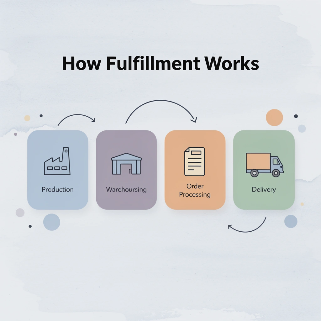 Process flow infographic showing the four stages of branded merchandise fulfillment
