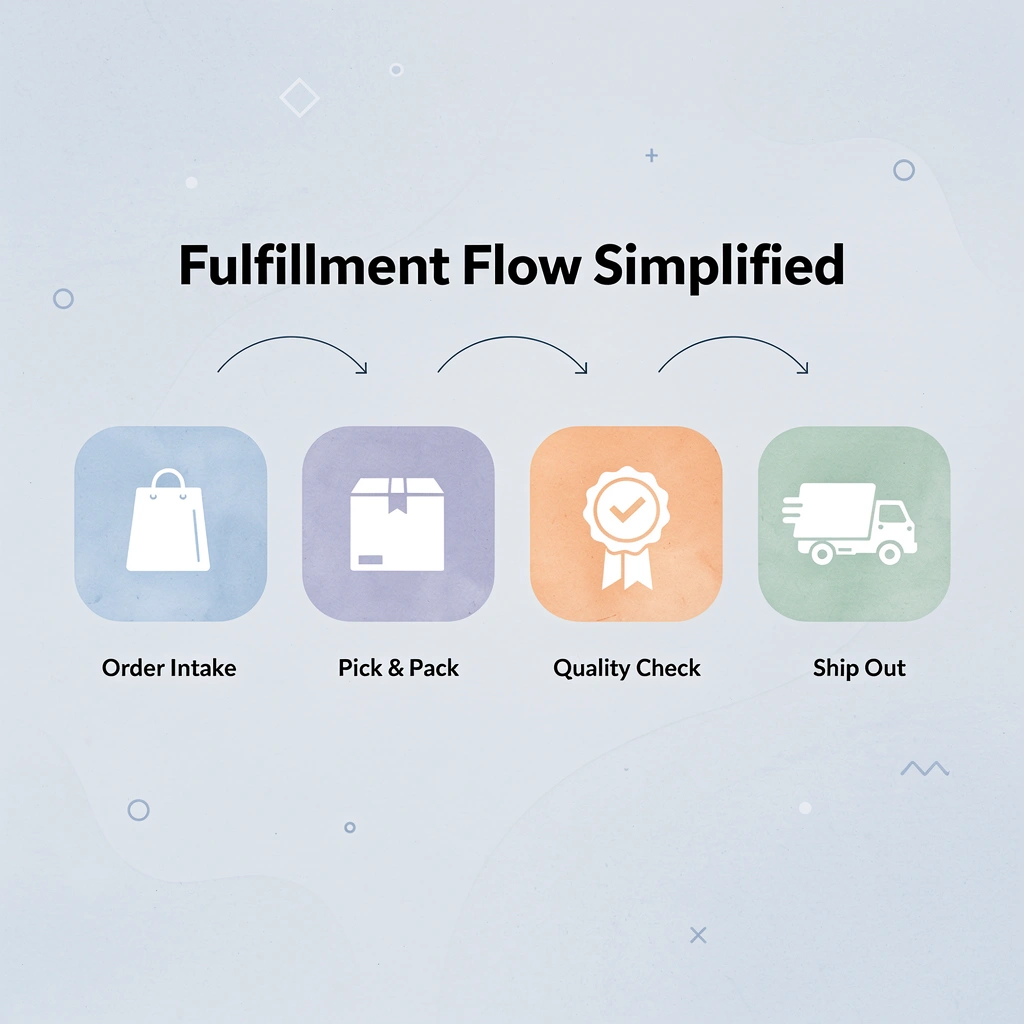 Infographic showing a four-step branded merchandise fulfillment process flow