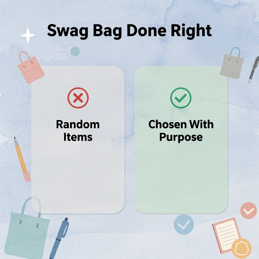 Before and after infographic comparing random versus intentional swag bag items