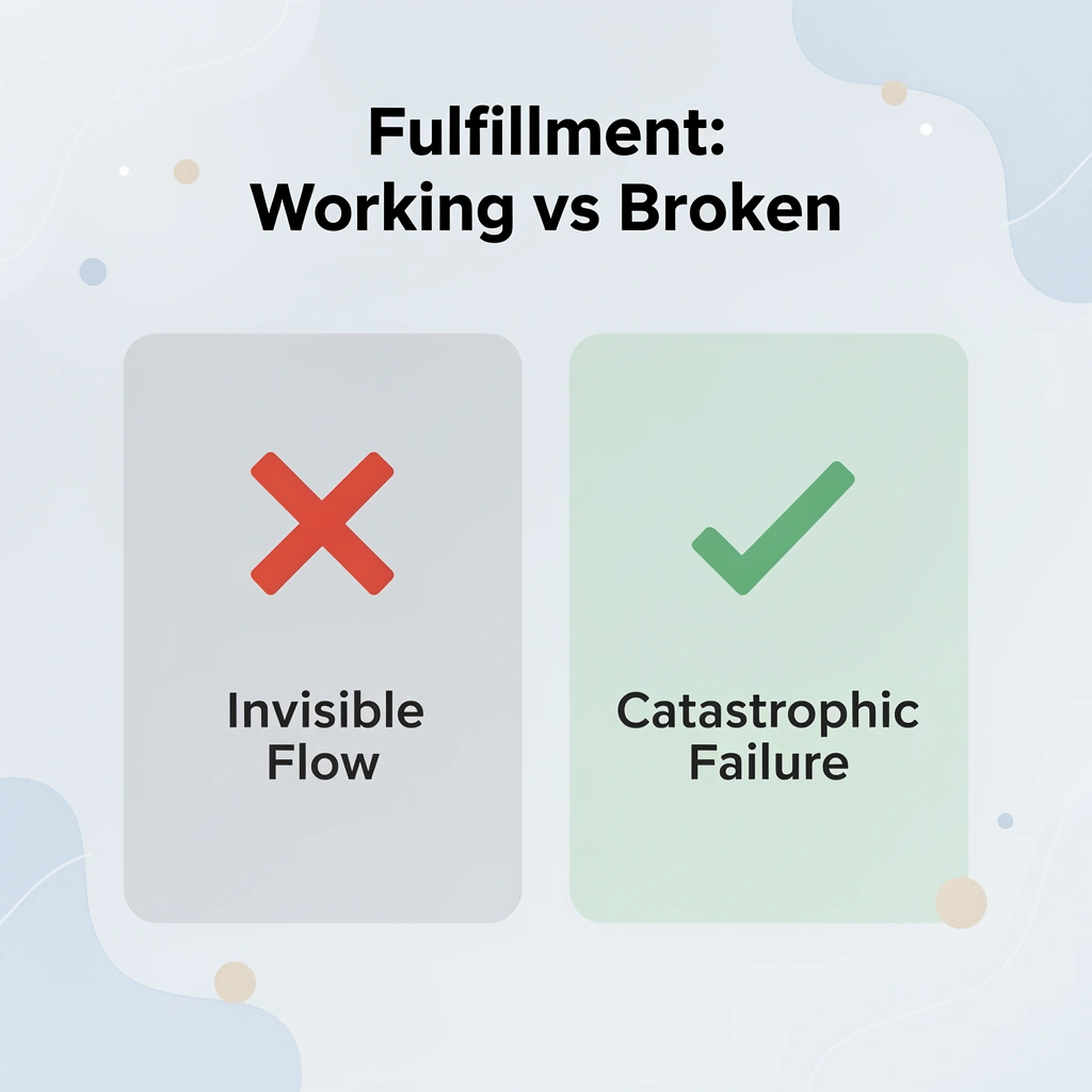 Before and after infographic showing fulfillment working invisibly versus failing catastrophically