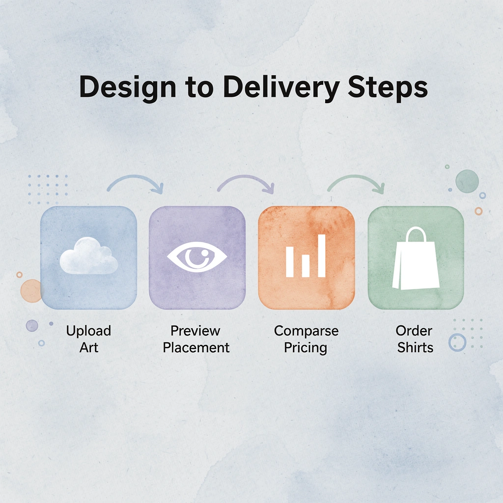 Infographic showing four steps from design upload to ordering custom shirts
