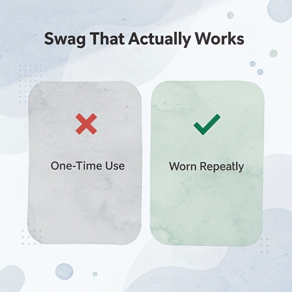 Before and after infographic showing single-use promotional products versus repeatedly worn custom apparel
