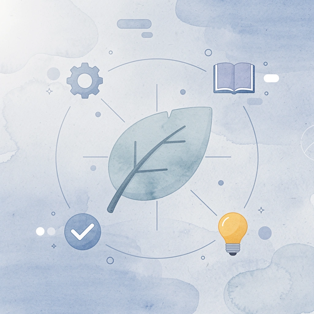 Hub diagram with sustainability leaf icon at center surrounded by brand value, retail, recycling, and quality icons
