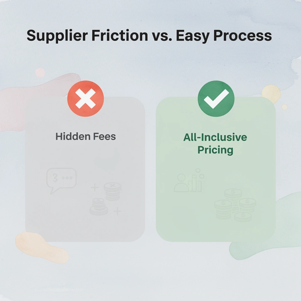 Before and after infographic comparing supplier friction to a streamlined process