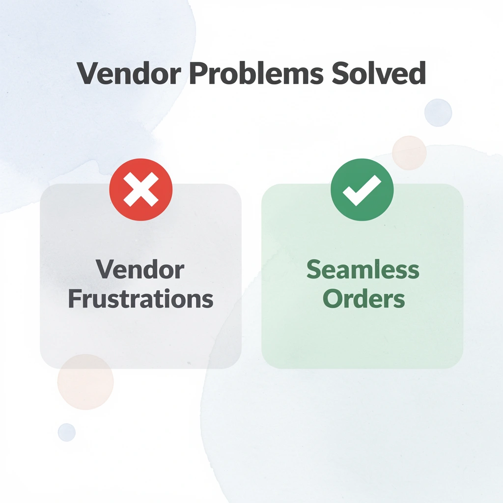 Before and after infographic showing vendor frustrations transformed into seamless orders with ooShirts

