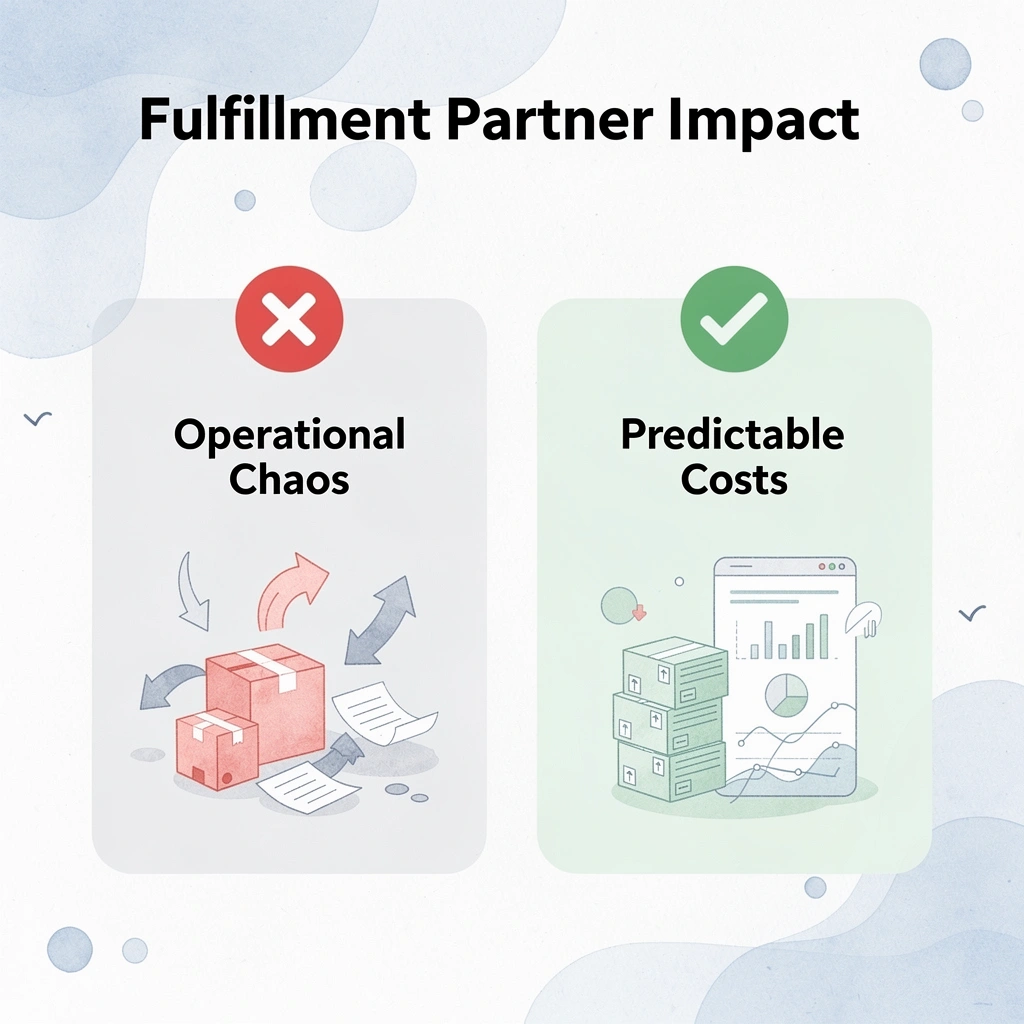 Before and after infographic showing the shift from operational chaos to predictable costs with a fulfillment partner
