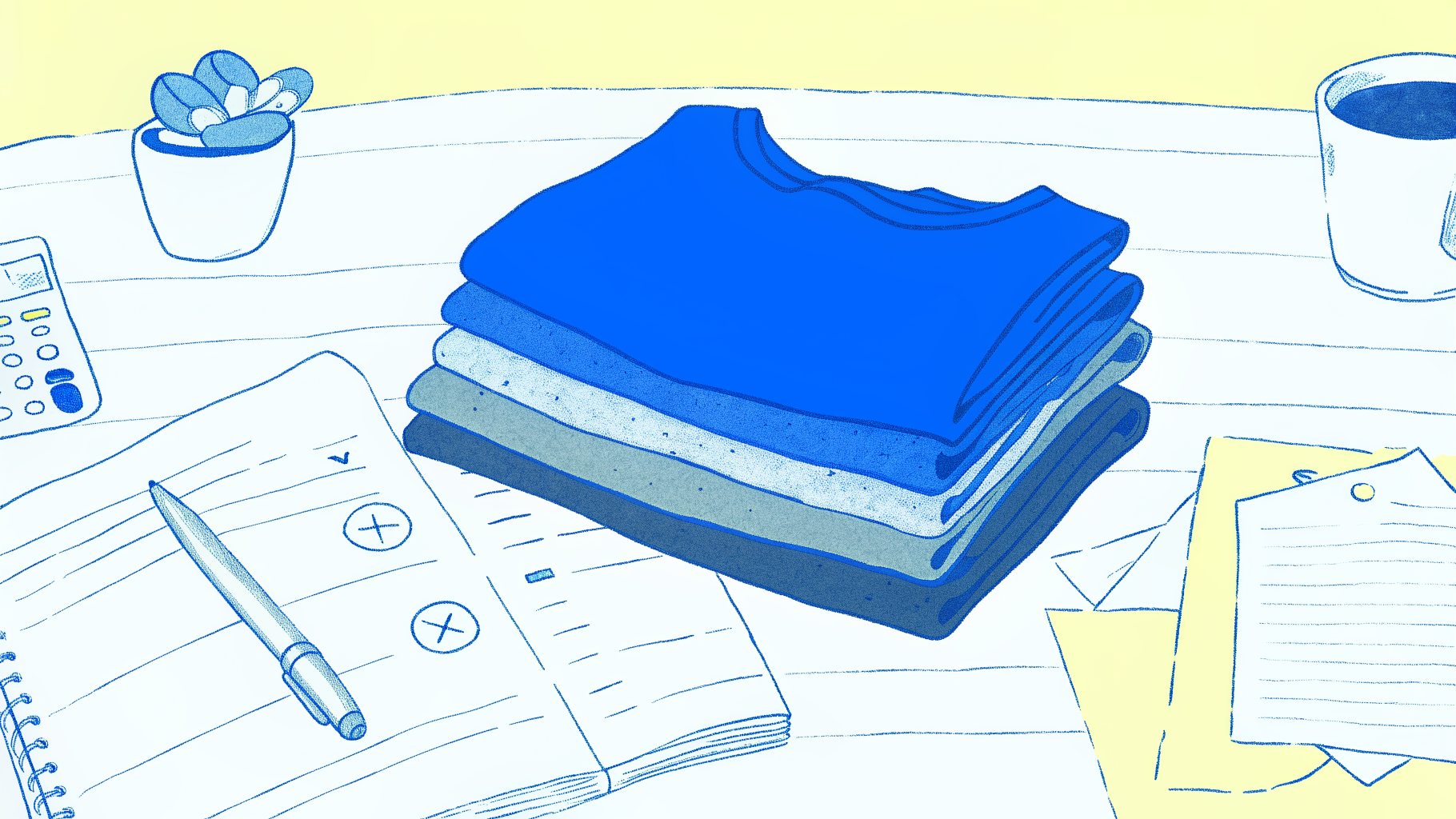Bulk custom t-shirts stacked on a desk with budget planning tools and fabric swatches