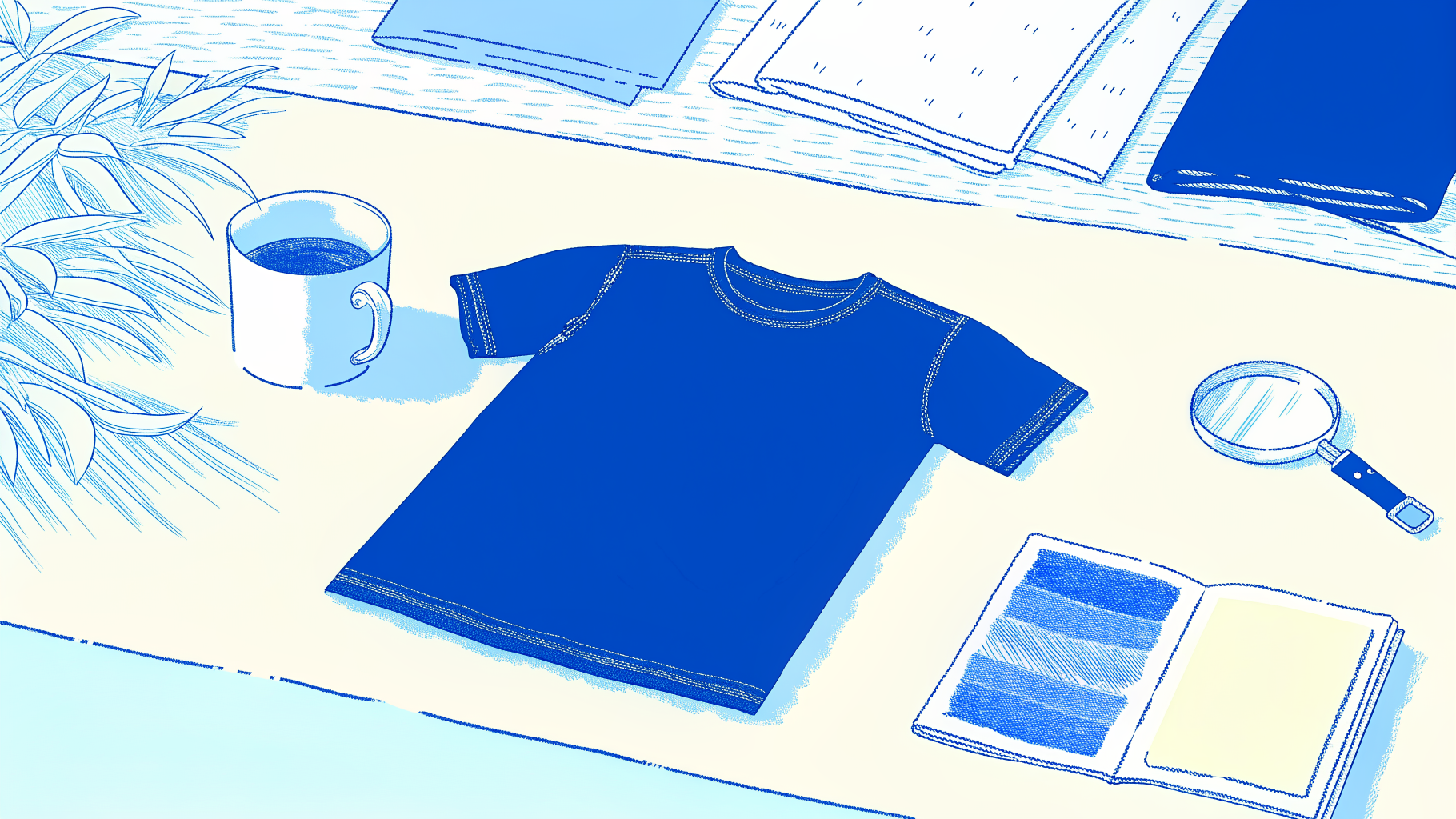 Custom printed t-shirt laid flat on desk beside fabric swatches showing shrinkage comparison