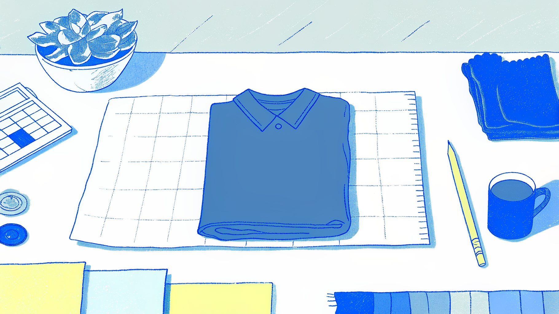 Custom t-shirt pricing desk scene with folded tees, color swatches, and calculator