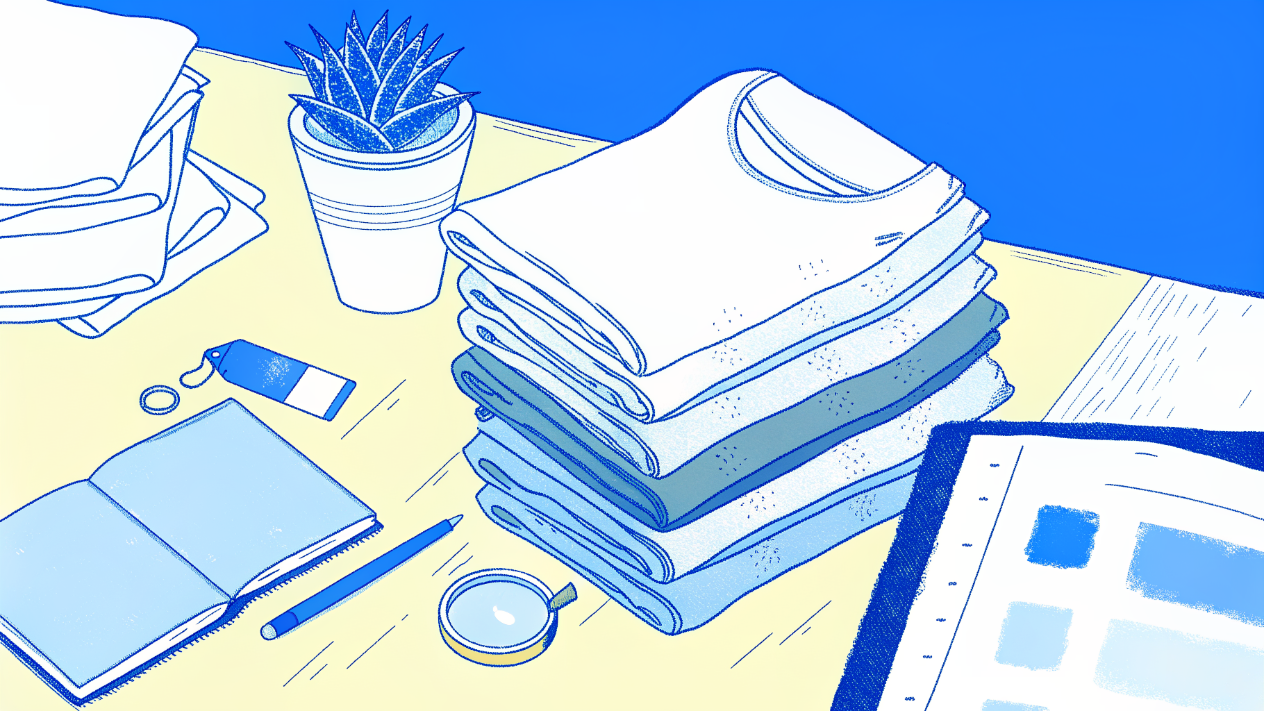 Folded wholesale blank t-shirts with printed sample, fabric swatches, and order clipboard on clean desk